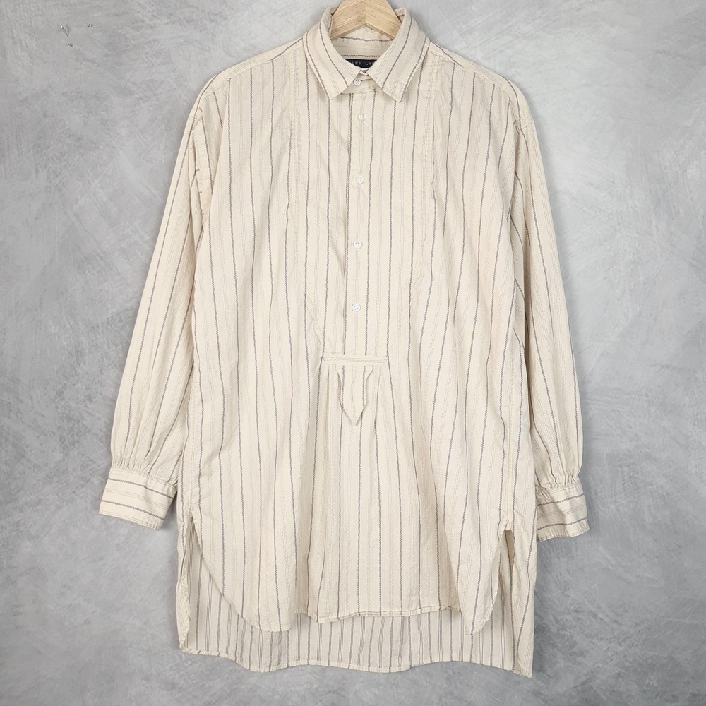 Ralph Lauren Popover Blouse Womens 10 White Striped Tunic Relaxed Bib Shirt